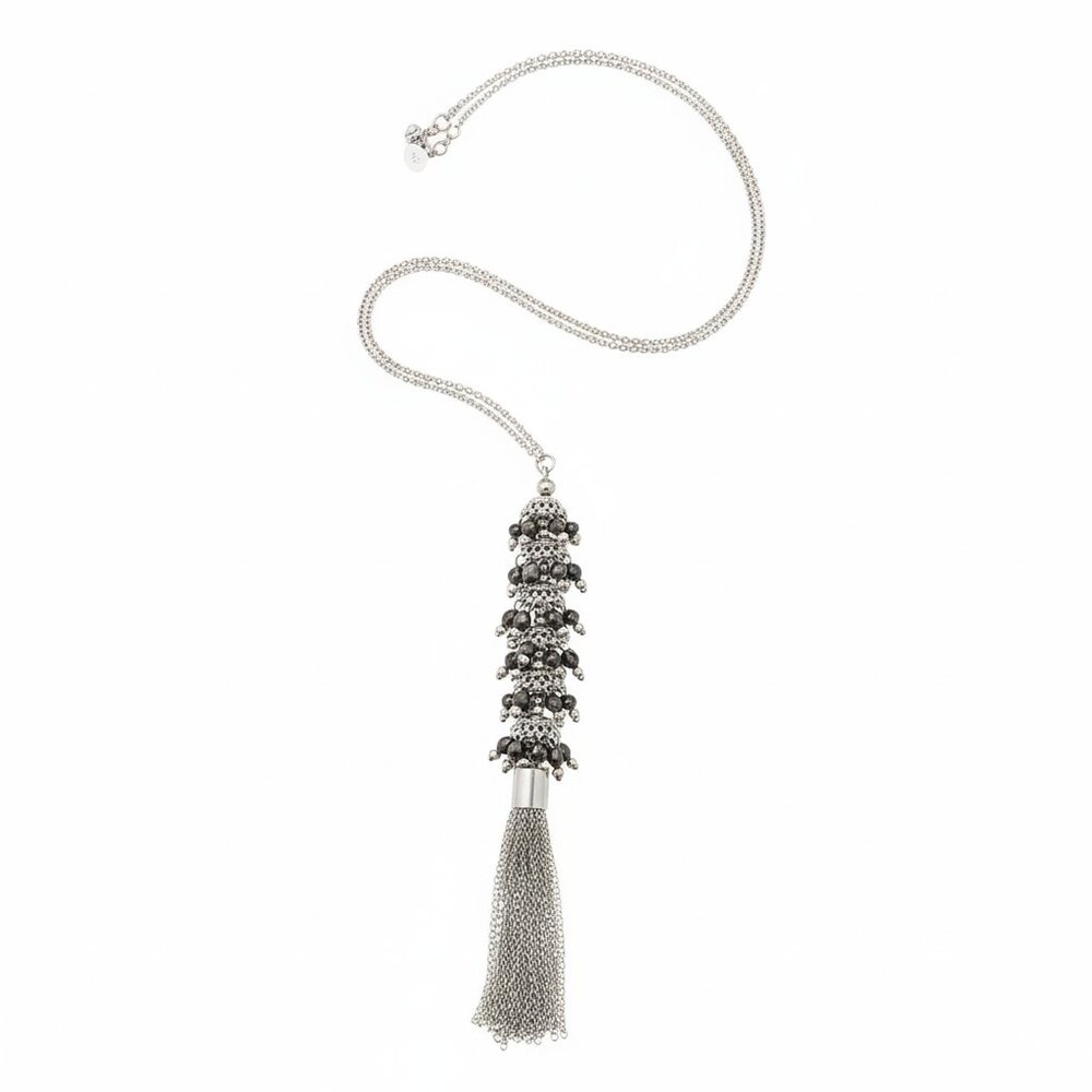 Silver Pendant Necklace with black tassel beds
